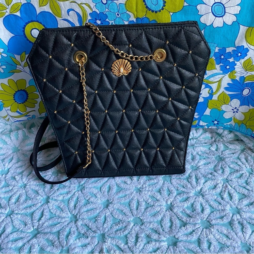 Vintage purse Victorian coffin style purse quilted black leather goth dark